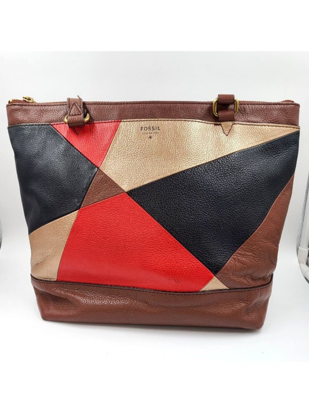 Fossil Pebbled Leather Shoulder Bag Purse Boho Hippie Retro Colorblock Tricolor